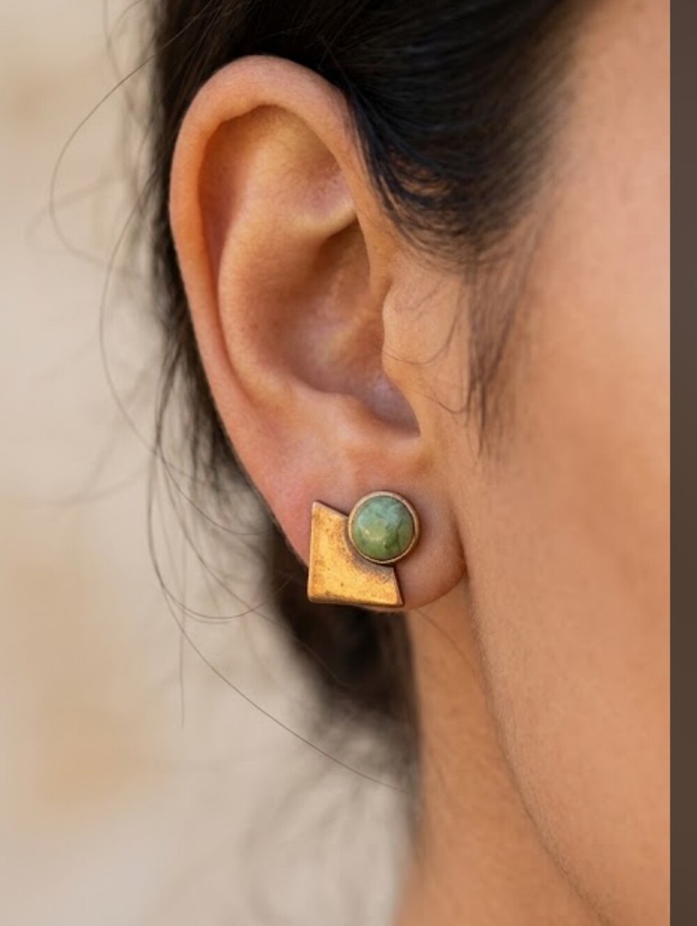 Antiqued Bronze & Mottled Prehnite Geometric Stud Earrings.